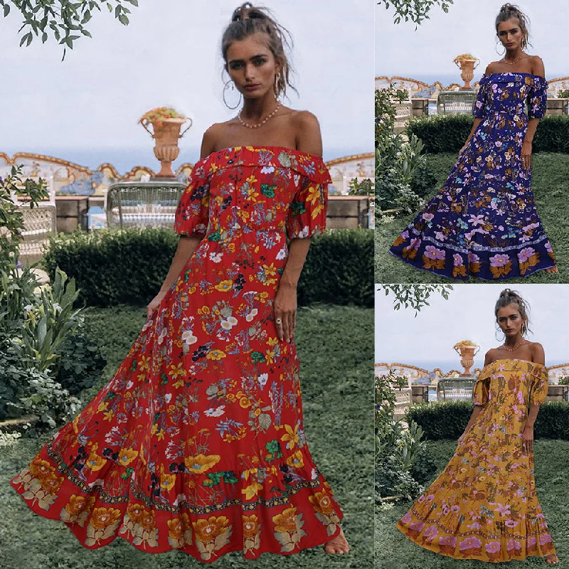 Instant Savings Off Shoulder Print Flapper Boho Dress