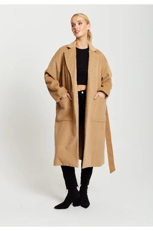 Super Savings Liquorish Belted Longline Coat In Camel