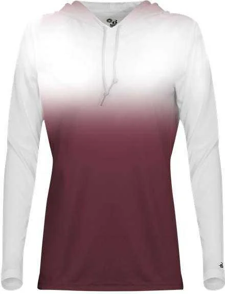 Deal of the Day Badger Sport 4208 Ombre Women's Hoodie Tee - White Maroon