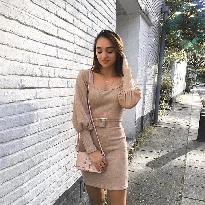 Amazing Deals Khaki Bodycon Long Sleeve Belt Square Neck Dress