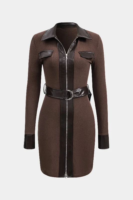 Unbeatable Prices Faux Leather Patchwork Long Sleeve Mini Dress
