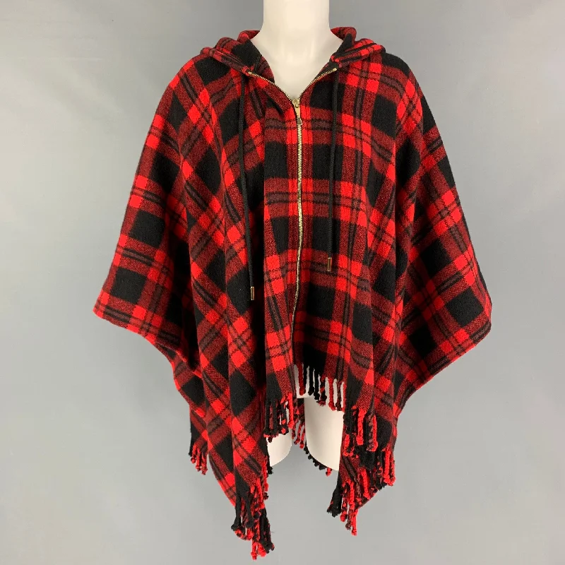 Midnight Madness KATE SPADE Size One Size Red Black Wool Blend Plaid Zip Up Cape