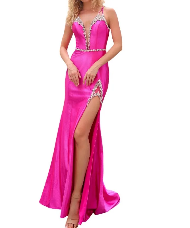 Bargain Bin Fitted Glitter Satin Sleeveless Slit Gown In Fuchsia