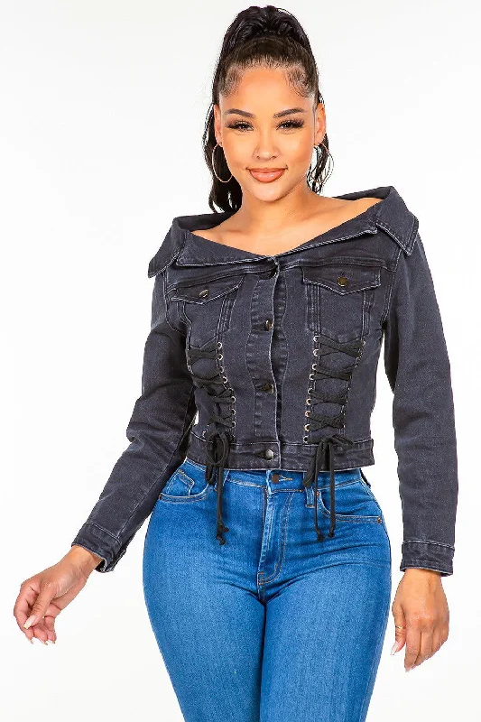 Limited Time Offer American Bazi Off Shoulder Lace Up Denim Jacket