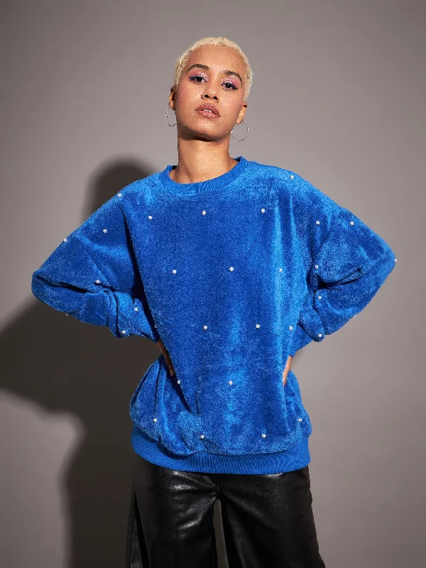 Massive Deals Women Royal Blue Fur Pearl Sweatshirt