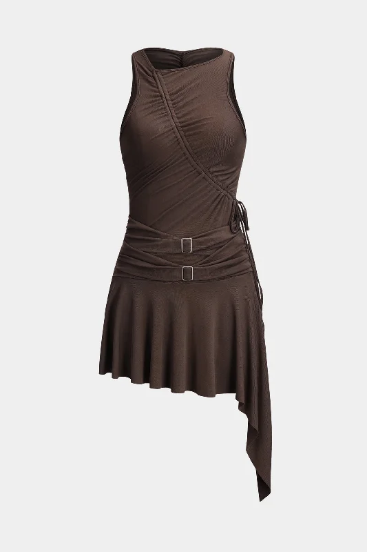 Huge Discounts Metallic Ruffle Ruched Drawstring Sleeveless Mini Dress