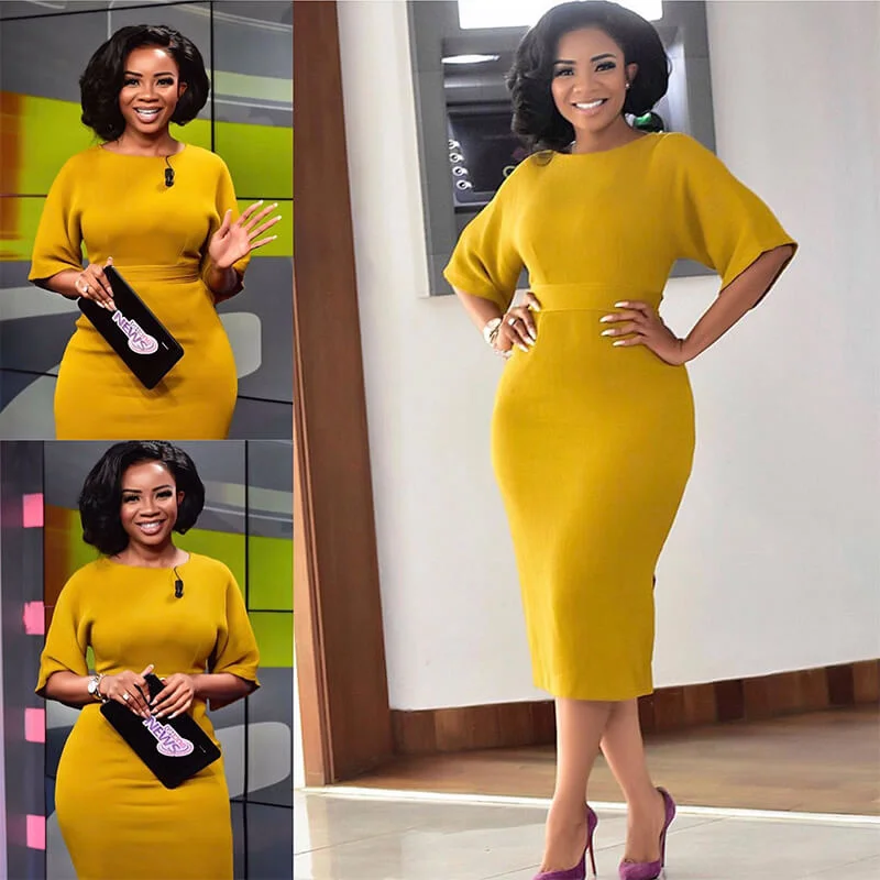 Flash Sale Elegant Plus Size Yellow Bodycon Work Dress