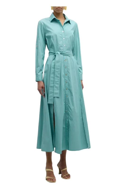 Lowest Prices Laine Side-Slit Midi Shirtdress In Turquoise