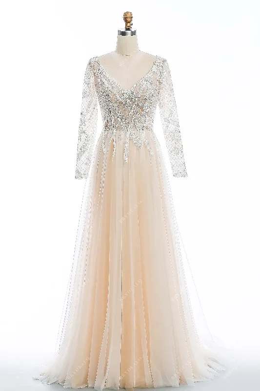 Early Access Champagne Long Sleeve Open Back Wedding Dress