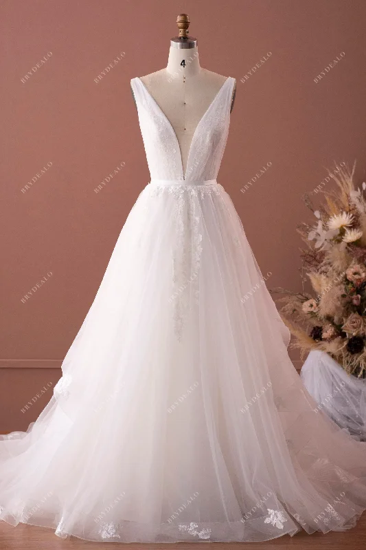 Deal Zone Floral Lace V-back 2-tier Long Train Bridal Dress