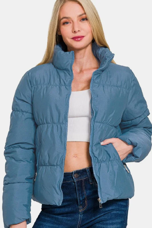 The Best Prices Zenana Zip Up Turtleneck Puffer Jacket with Pockets In Blue