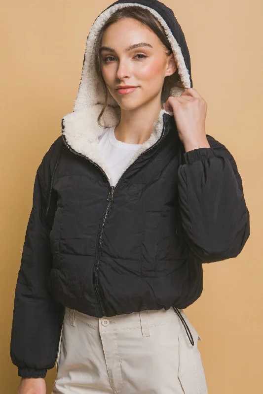 Holiday Sale Love Tree Zip Up Cropped Hooded Sherpa Reversible Jacket