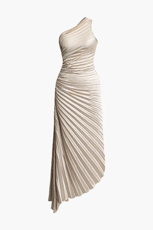 Midnight Madness Asymmetrical One Shoulder Pleated Midi Dress