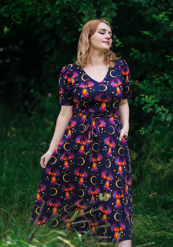 Stock Clearance Palmer Purple Phoenix Print Cotton Midi Dress