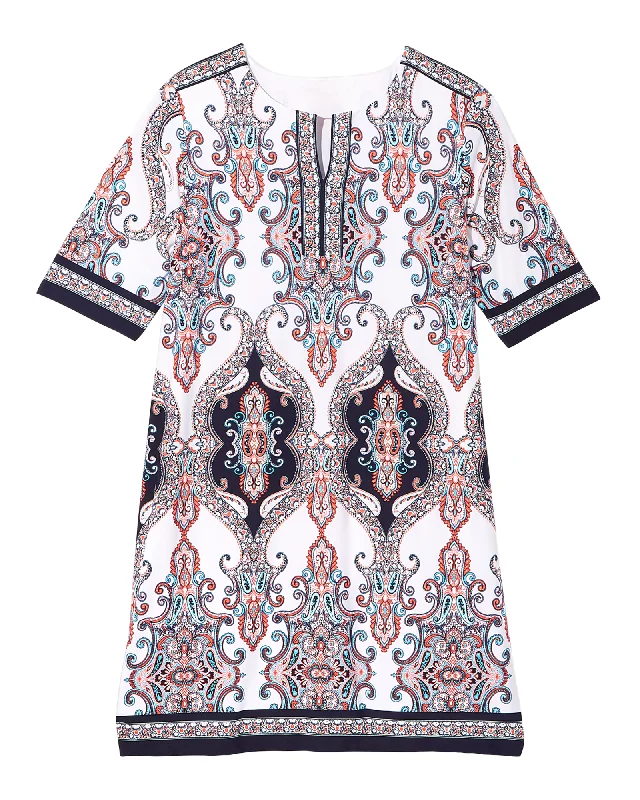 Discount Mania Karis Split-Neck Shift Dress | White / Orange