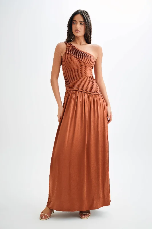 Stock Clearance Jenna One Shoulder Pleated Maxi Dress - Wood