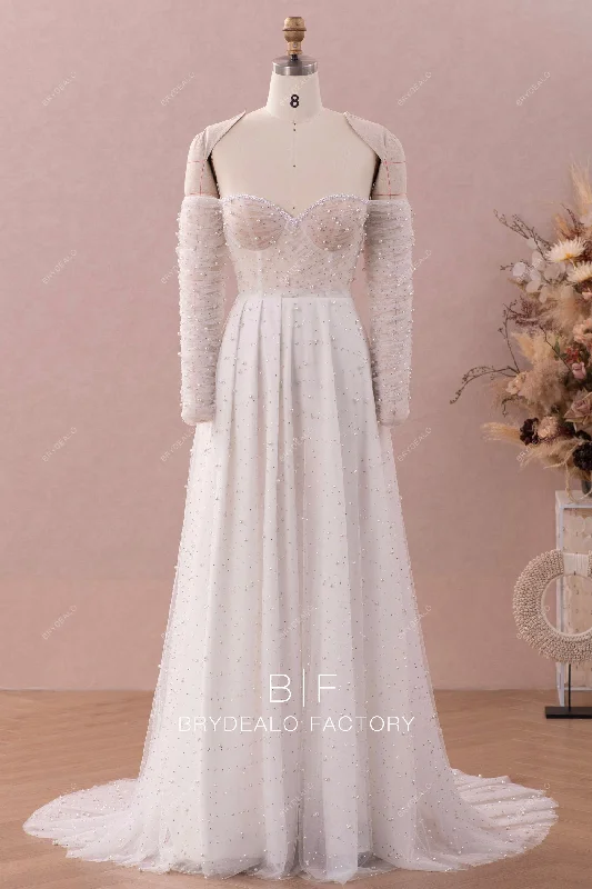 Bargain Bin Pearls Pleated Sleeve Sweetheart Illusion A-line Wedding Dress