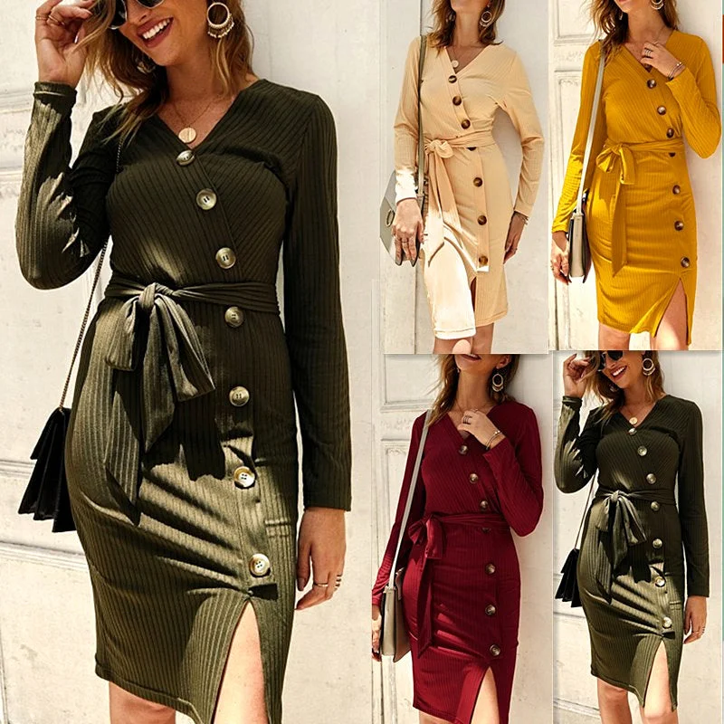 Clearance Items Long Sleeve Bodycon Belt Button Sweater Dress
