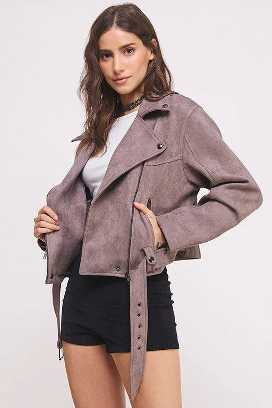 Warehouse Sale Plus Belted Long Sleeve Zippered Suede Moto Jacket