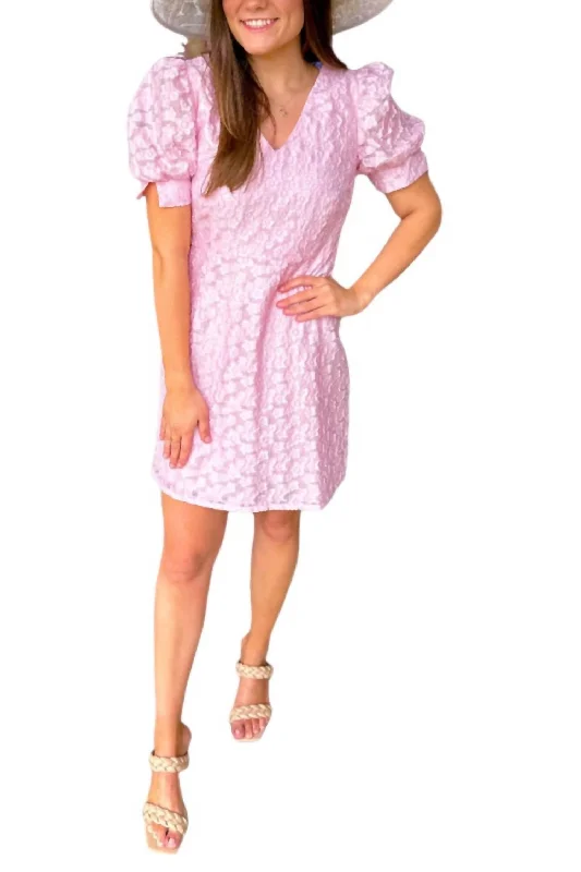 Last Chance V-Neck Gathered Sleeve Dress In Bright Pink