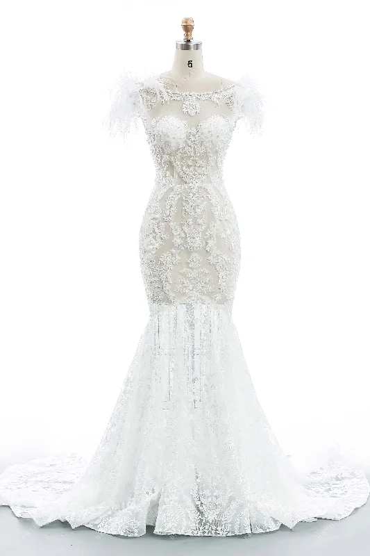 Blowout Sale Lace Pearls Feather Sheer Mermaid Wedding Dress