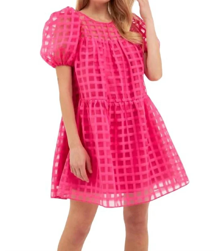 Early Access Gridded Puff Sleeve Dress In Hot Pink