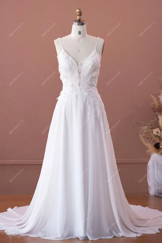 Grand Opening Sale Plunging Hollow Train 3D Flower Lace Boho Wedding Dress