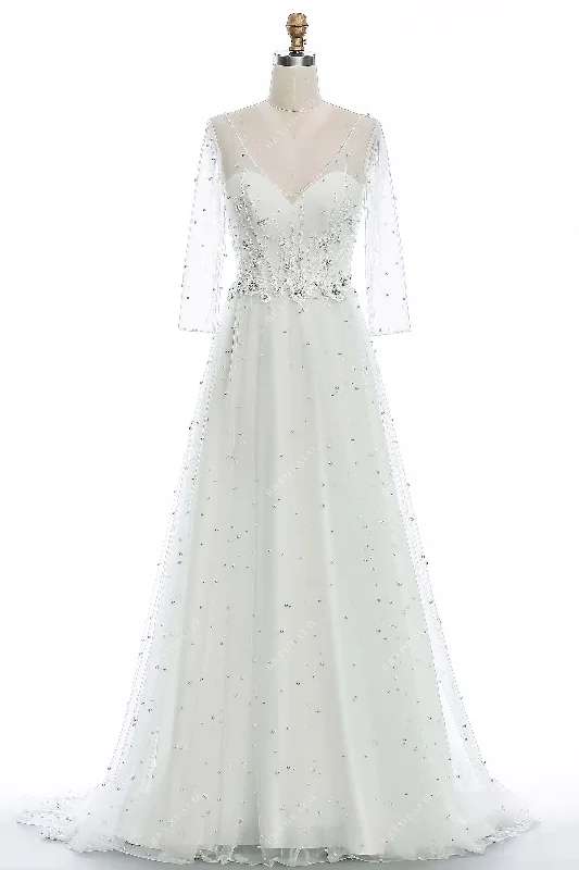 Deal Mania Illusion 3/4 Sleeve Pearl Lace Wedding Dress