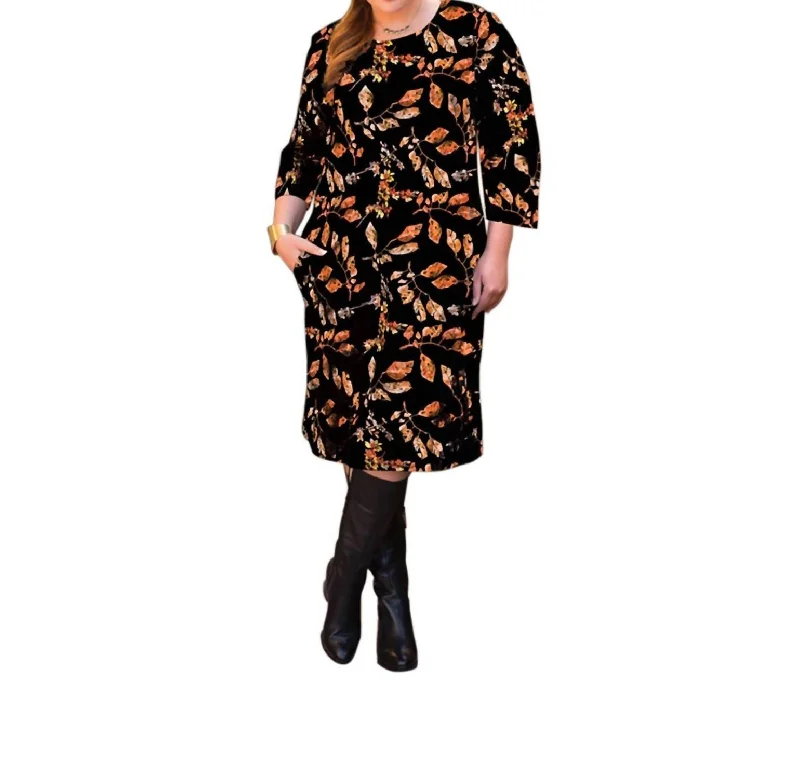Weekend Flash Sale Lallie 3/4 Sleeve Dress With Pockets - Plus Size In Black Dry Leaves