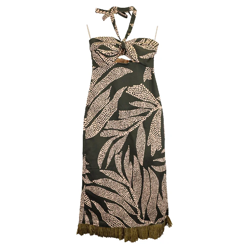 Exclusive Access Johanna Ortiz Midi Cocktails In Zanzibar Printed Dress in Green Cotton