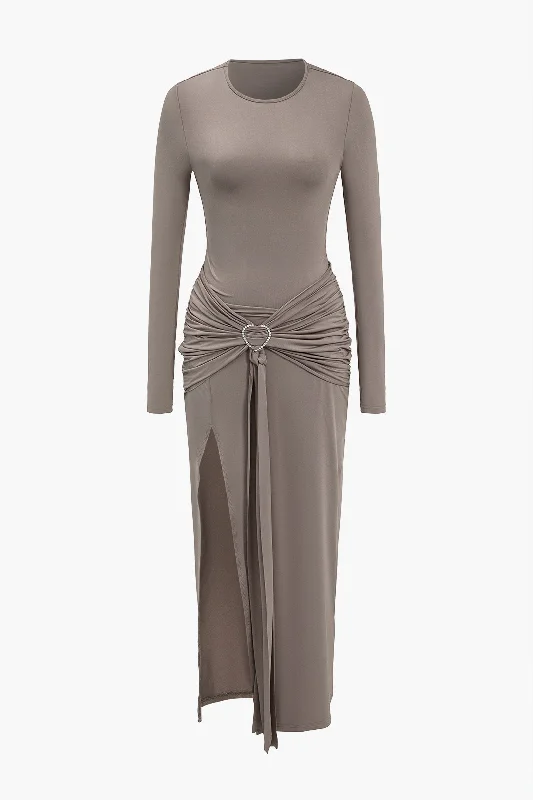 Season Finale Sale Solid Heart-Shaped Irregular Slit Long Sleeve Midi Dress