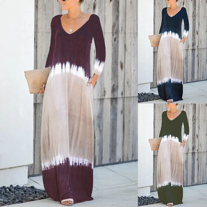 Markdowns Casual Print Loose Backless Long Sleeve Maxi Dress