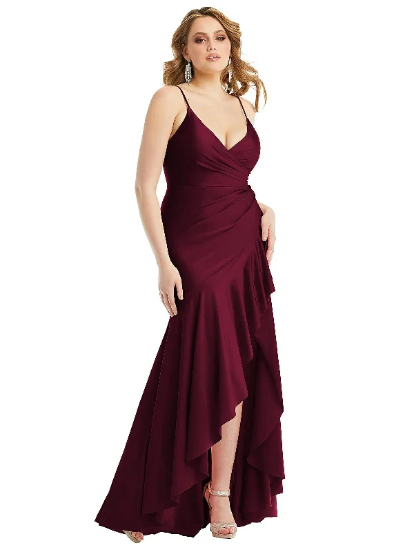 Savings Alert Pleated Wrap Ruffled High Low Stretch Satin Gown with Slight Train