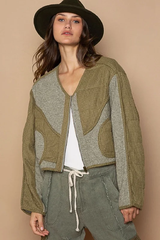 Super Sale POL Quilted Knit Viding Detail Knit Patch Jacket