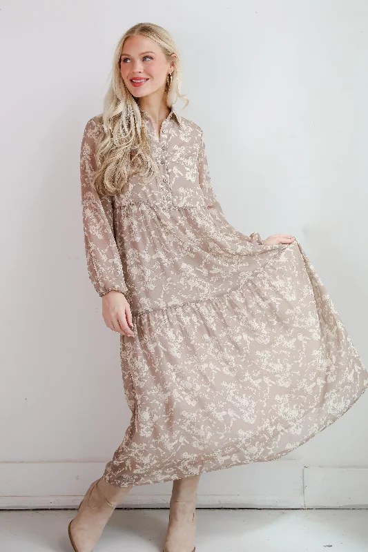 Price Drop FINAL SALE - Impactful Elegance Taupe Floral Maxi Dress