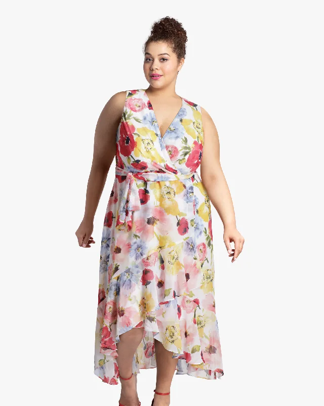 Overstock Vanessa Ruffled Faux Wrap Dress | White / Red