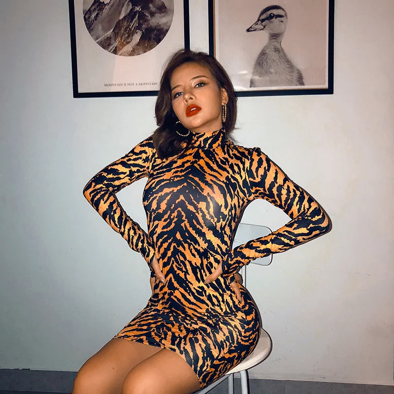 Exclusive Offers Tiger Skin Print Turtleneck Bodycon Long Sleeve Dress