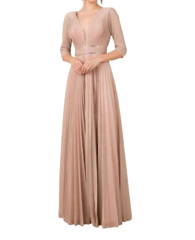 Exclusive Offers Deep V-Neck Pleated A-Line Dress In Rose Gold