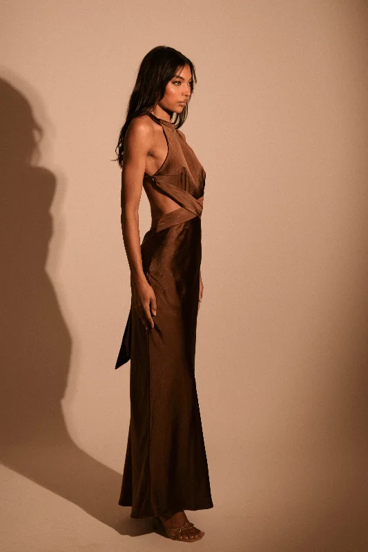Midnight Madness Nalani Satin Halter Maxi Dress - Chocolate