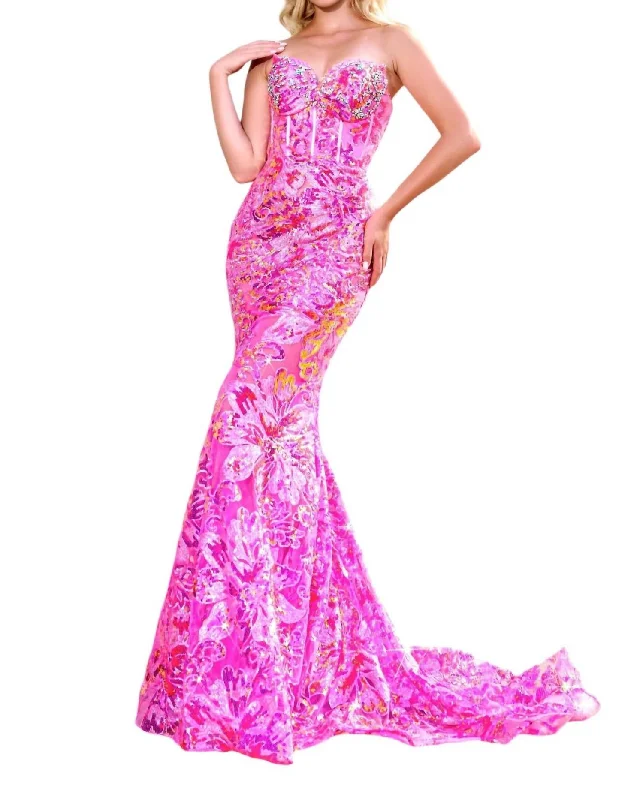 Super Deal Floral Appliqué Strapless Corset Fit-And-Flare Gown With Sweep Train In Pink Multi