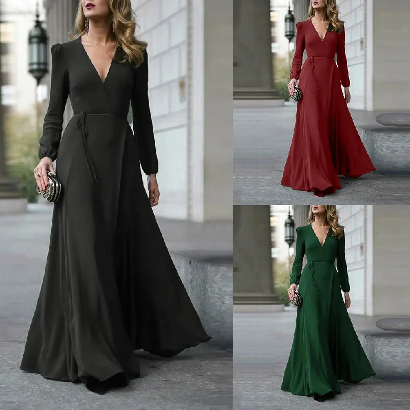 Customer Appreciation Sale Long Sleeve V Neck High Waist Maxi Dress