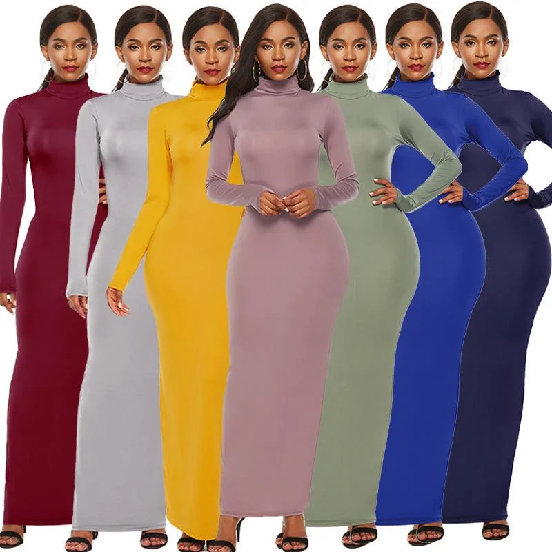 Deal Frenzy Stretch Long Sleeve Turtleneck Bodycon Maxi Dress