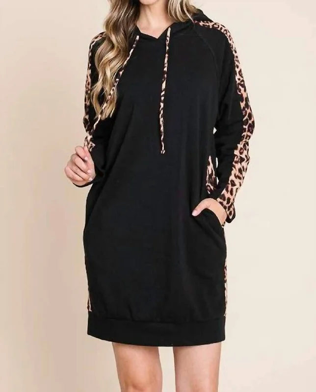 Year-End Clearance Roberta Leopard Trim Hoodie Dress In Black