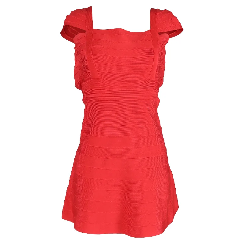 Stock Up and Save Herve Leger Mini Jude Square-Neck Dress in Red Rayon