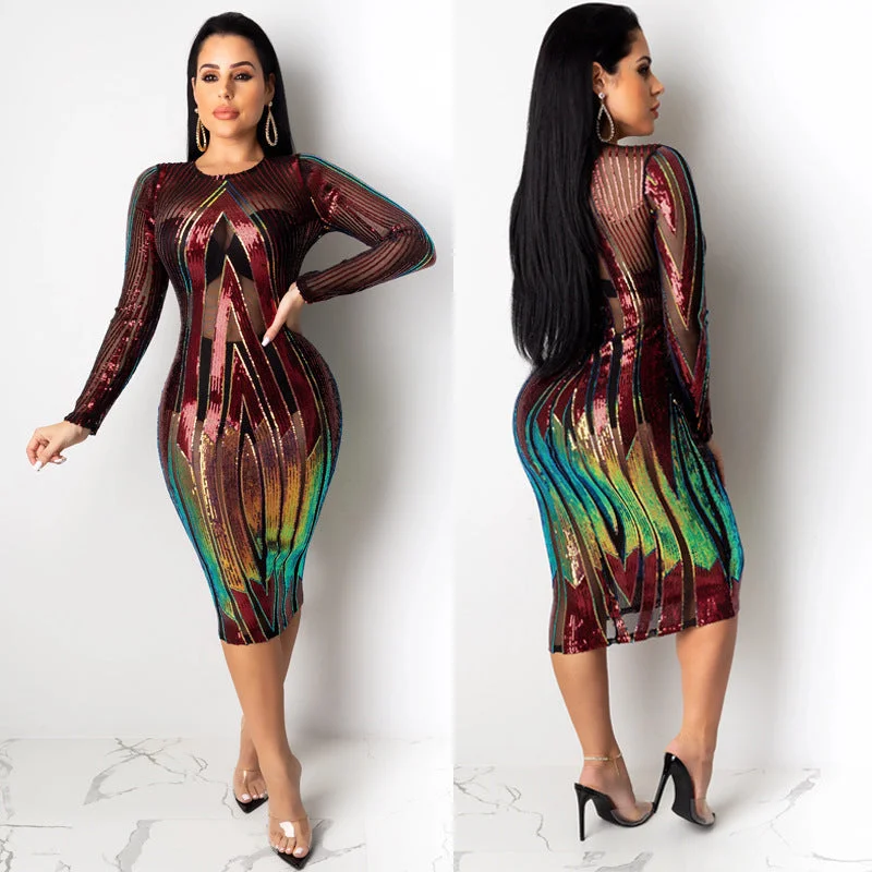 Doorbuster Deal Sequin Sheer Patchwork Bodycon Long Sleeve Dress