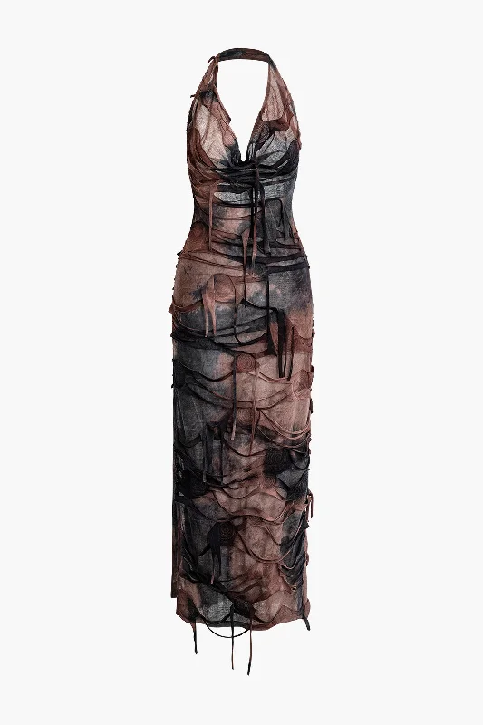 The Best Prices Tie Dye Distressed Mesh Slit Halter Cowl Neck Maxi Dress