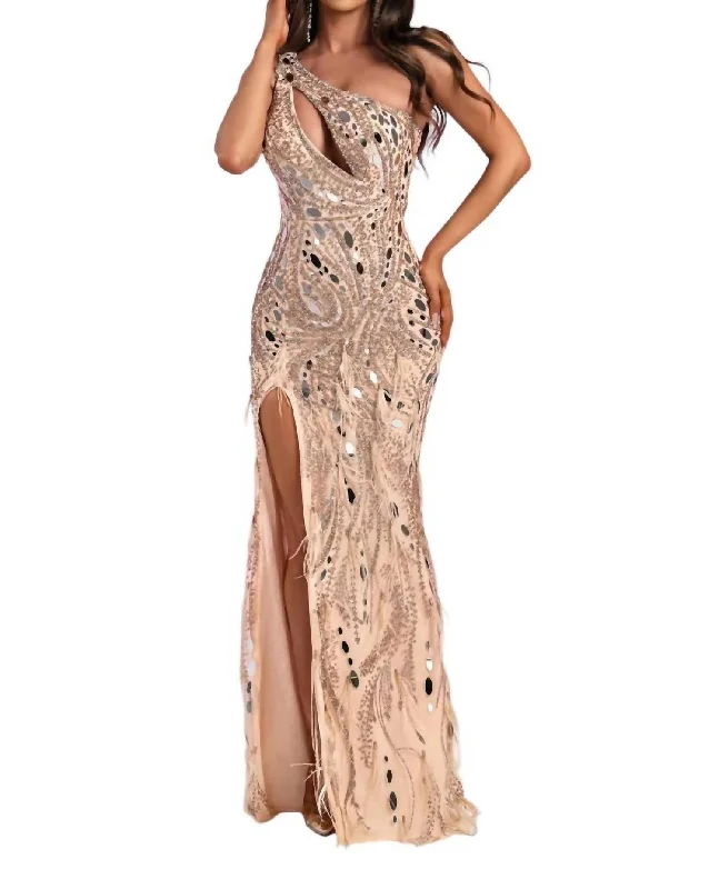 Act Fast Asymmetrical Neckline Floor-Length Dress In Champagne