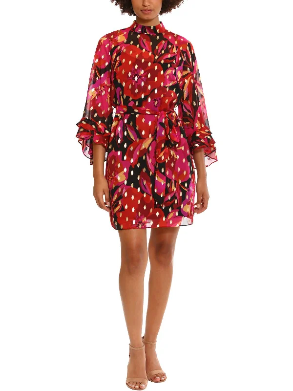 Year-End Sale Womens Floral Print Belted Mini Dress