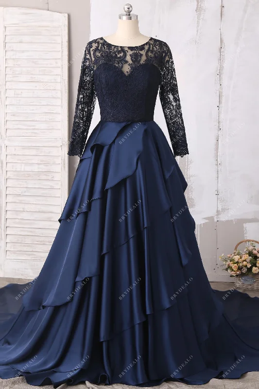 Super Sale Navy Illusion Lace Satin Long Sleeve Wedding Ball Gown