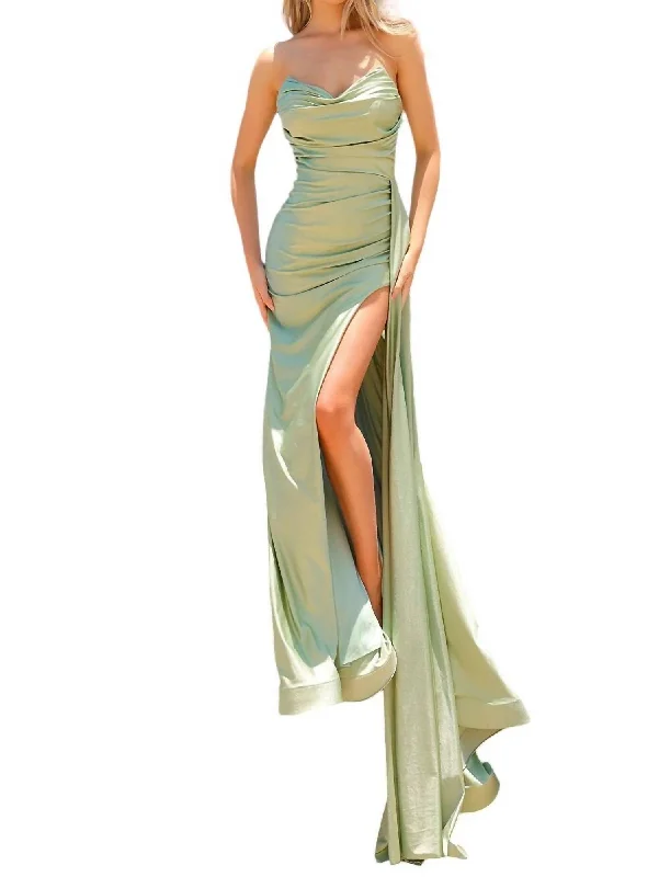 Best Deals Lycra Fitted Strapless Slit Gown In Sage